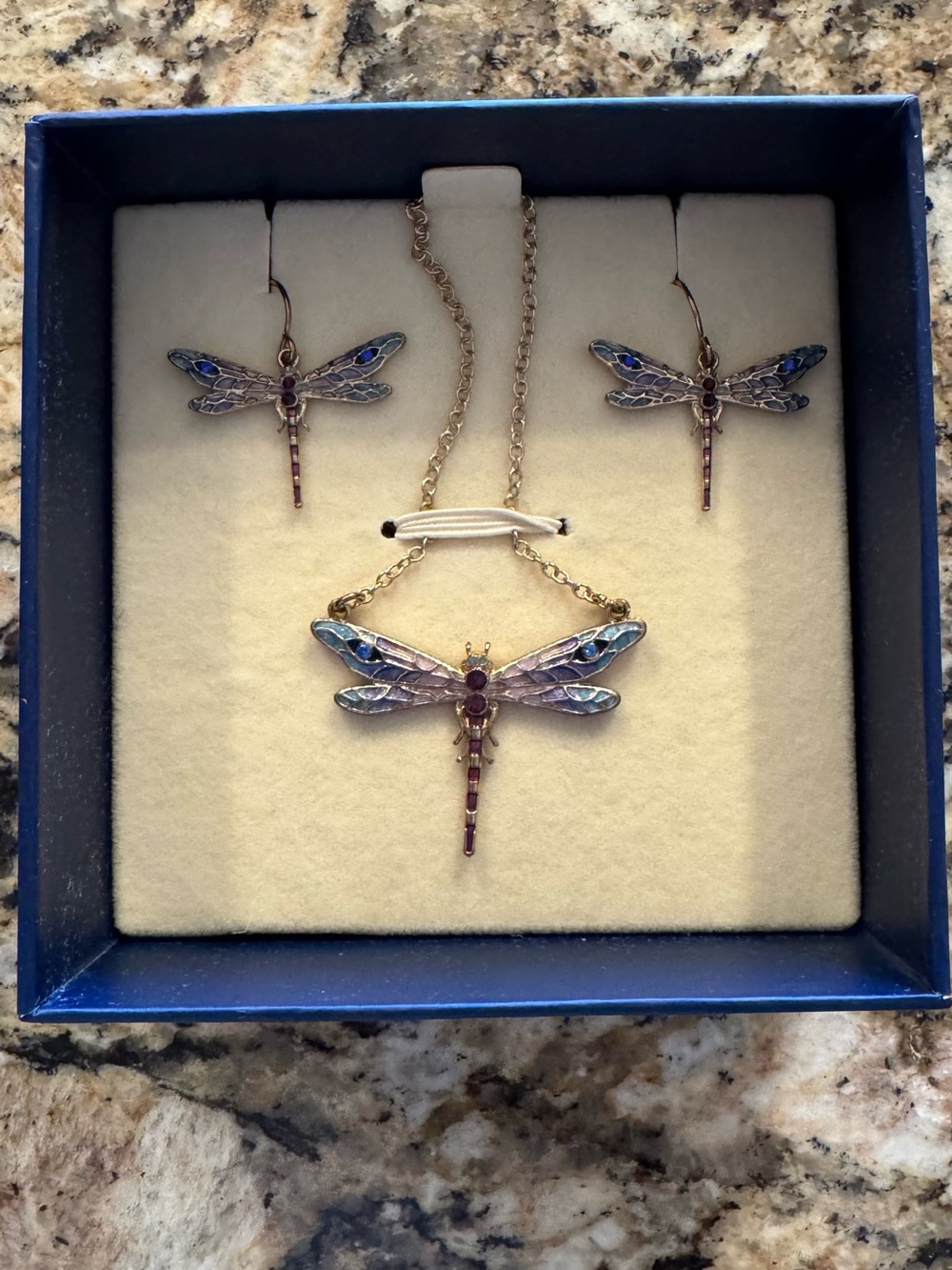 Gold-Tone Dragonfly Necklace and Earring Set in Blue and Purple